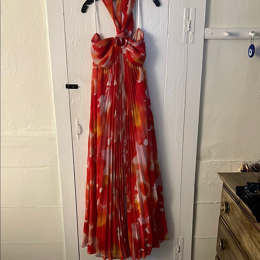 Halston Heritage Red and Orange Pleated Maxi Dress